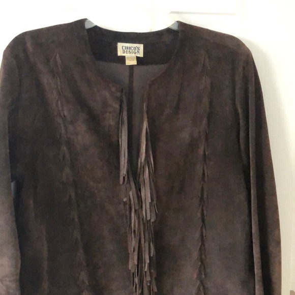 Chico’s Brown Leather Suede Collarless Jacket Coat Topper with Fringe Trim - Picture 5 of 16